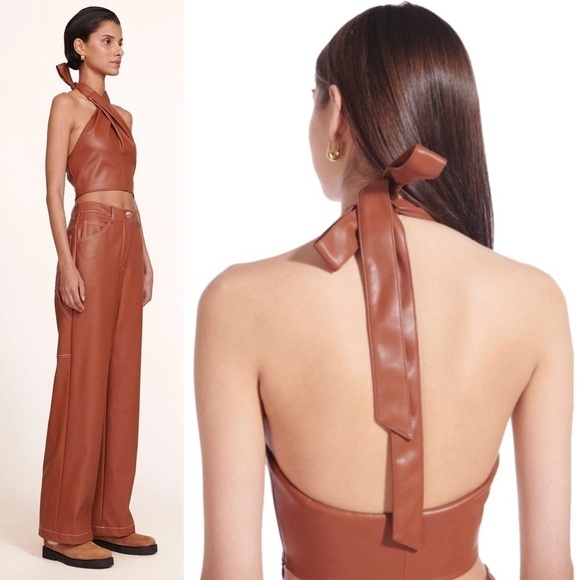 NWT STAUD 70s Vegan Leather Keyhole Twist Front Open Back Halter Tie Crop Top 10 - Picture 6 of 17